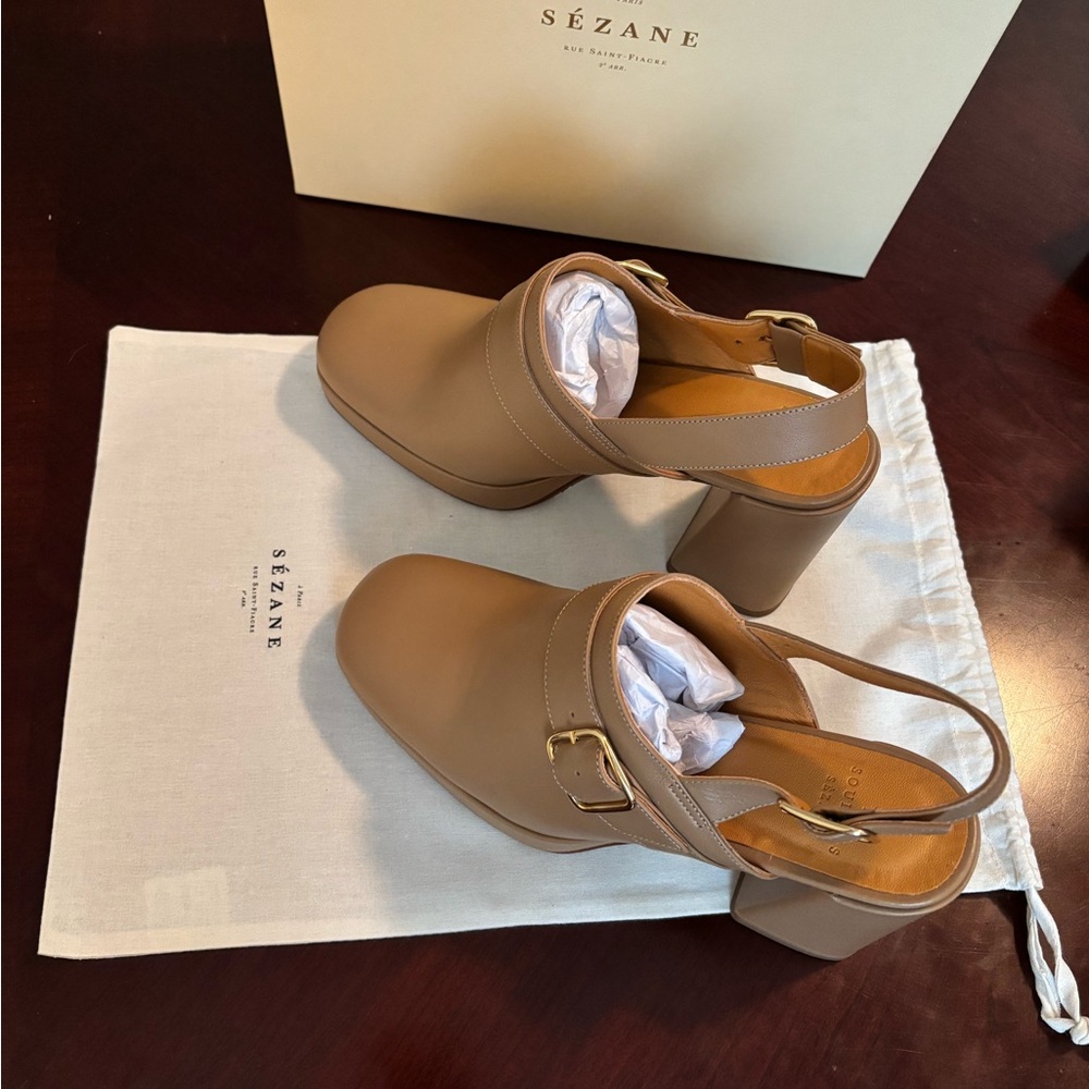 Sézane Rebecca Tan Block Heel Mules, Size 8 US/39 - Picture 3 of 6